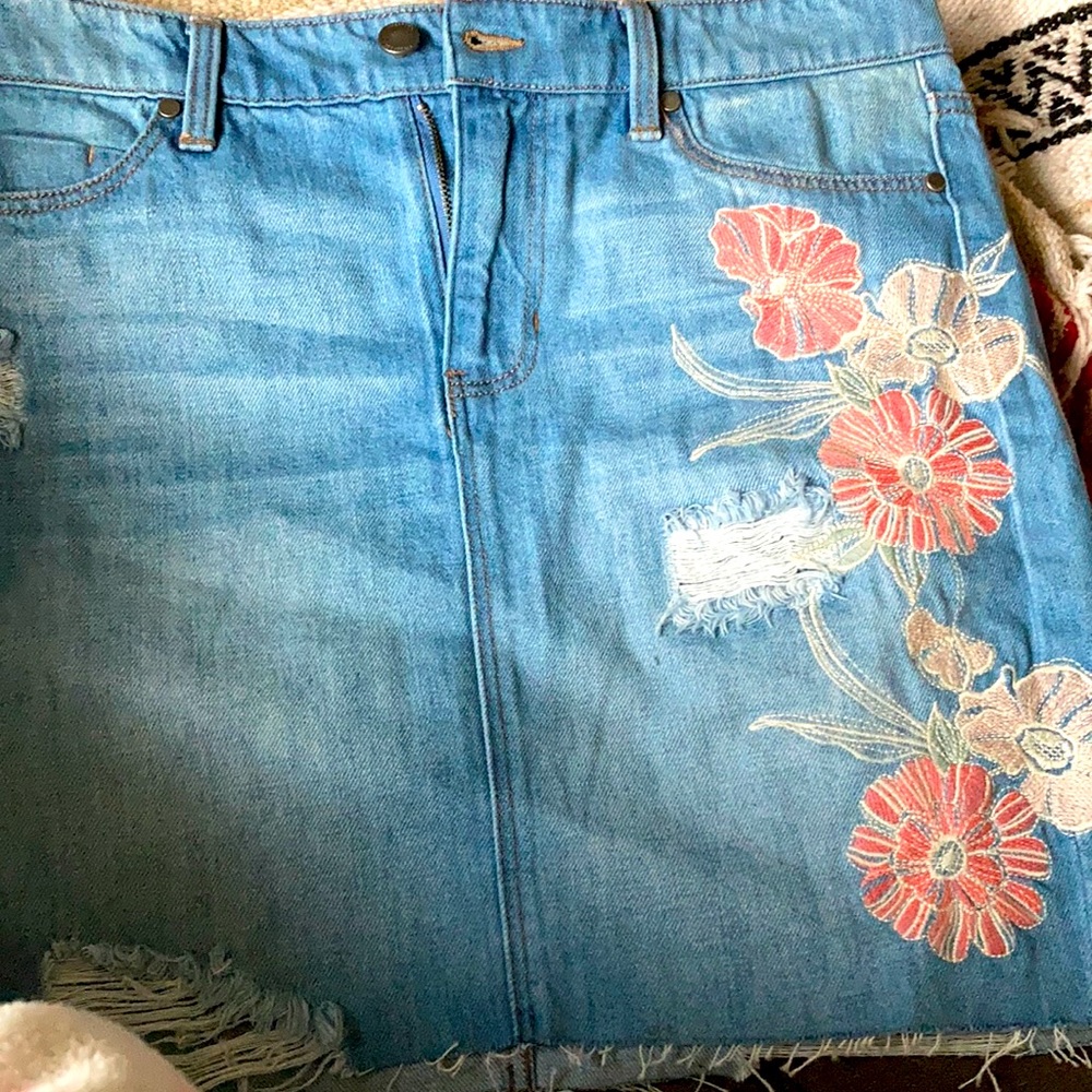 Denim skirt Liverpool embroidery flowers